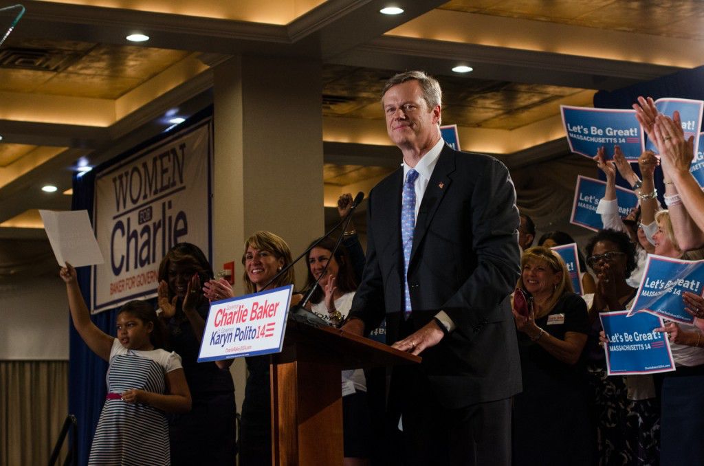 Charlie Baker speaks after winning the primary at his election party. PHOTO BY MIKE DESOCIO/DAILY FREE PRESS STAFF