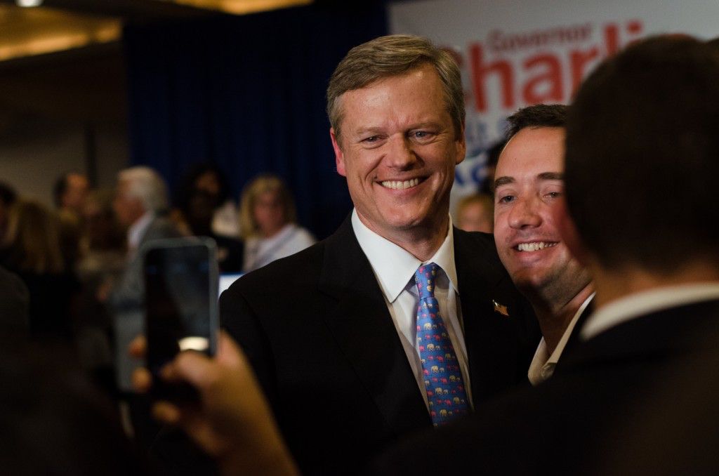 Charlie Baker chats with supporters after his speech at the Republican gubernatorial primary election party. PHOTO BY MIKE DESOCIO/DAILY FREE PRESS STAFF