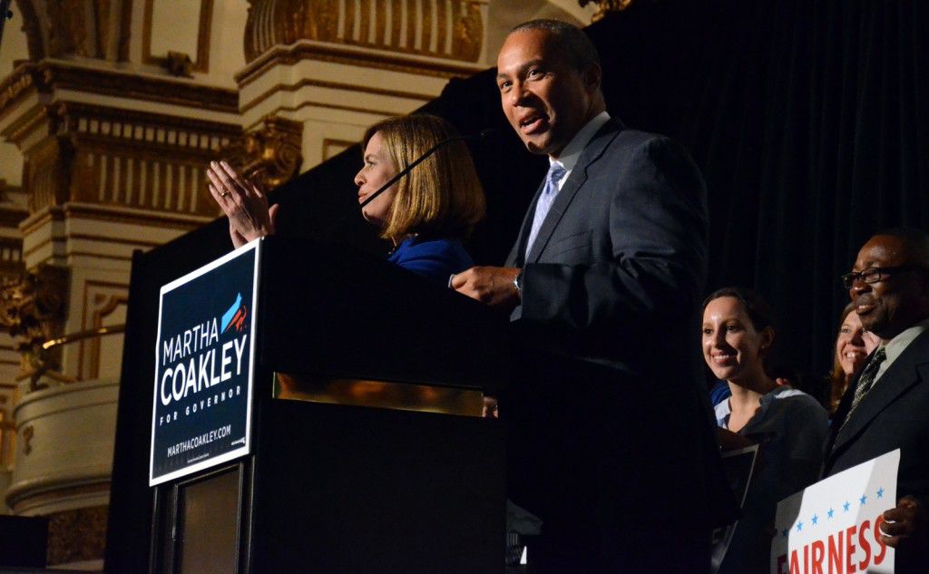 Massachusetts Governor Deval Patrick speaks to the crowd at Martha Coakley's primary election party. PHOTO BY FALON MORAN/DAILY FREE PRESS STAFF