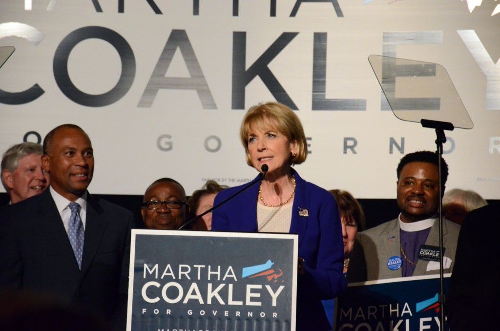 Martha Coakley addresses the crowd at her election party Tuesday. PHOTO BY FALON MORAN/DAILY FREE PRESS STAFF