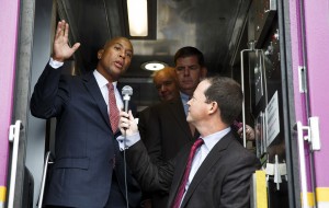 Boston Mayor Martin Walsh and Massachusetts Gov. Deval Patrick held a press conference Tuesday at the Beacon Park Rail Yard, where they announced plans to create an Allston Commuter Rail stop. PHOTO BY EVAN JONES/DAILY FREE PRESS CONTRIBUTOR