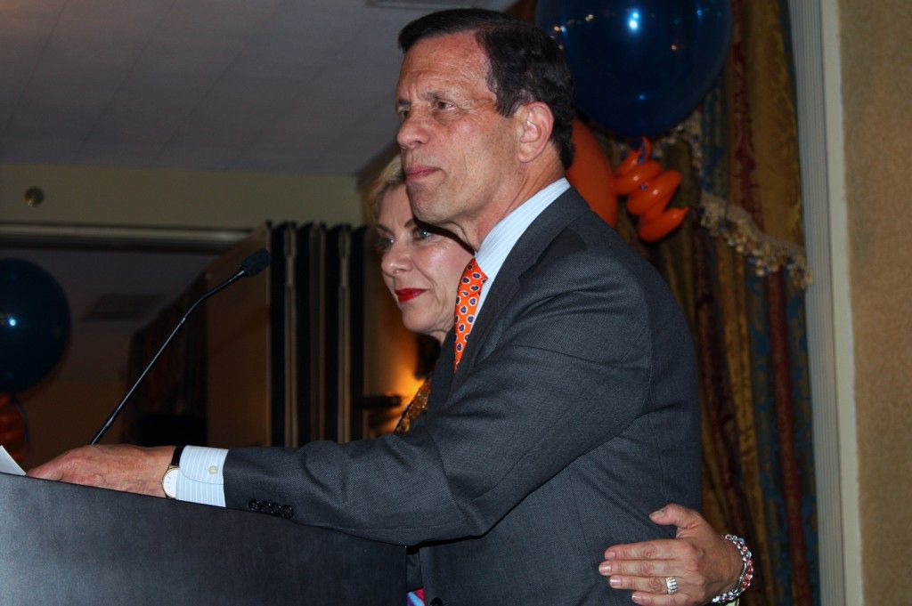 Steven Grossman and his wife address the crowd at Grossman's primary election party. PHOTO BY JAIME BENNIS/DAILY FREE PRESS STAFF
