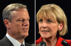 Massachusetts gubernatorial Republican candidate Charlie Baker and Democratic candidate Martha Coakley answer questions at the WGBH News/Boston Globe debate. PHOTO BY ERIN BILLINGS/DAILY FREE PRESS STAFF