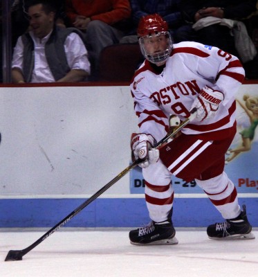 Freshman forward Jack Eichel — skating for the U.S. National Junior Team — scored a goal against the Terriers Friday night. PHOTO BY ALEXANDRA WIMLEY/DAILY FREE PRESS STAFF