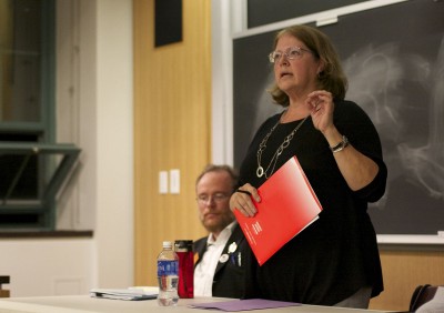 Boston University adjunct professor Janet Bailey speaks at a forum in October advocating for better benefits and accommodations. PHOTO BY KYRA LOUIE/DAILY FREE PRESS STAFF
