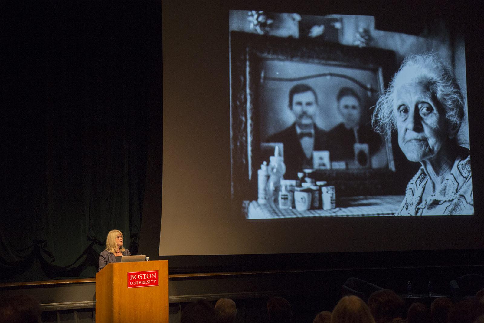 Mary Elizabeth Aitcheson Gore sits with the College of Arts and Sciences Dean Ann Cudd Saturday afternoon at the Metcalf Center for Science and Engineering as part of Boston University’s Alumni Weekend to discuss her photographic work for the National Alliance for the Homeless. PHOTO BY HALEY ABRAM/ DAILY FREE PRESS STAFF