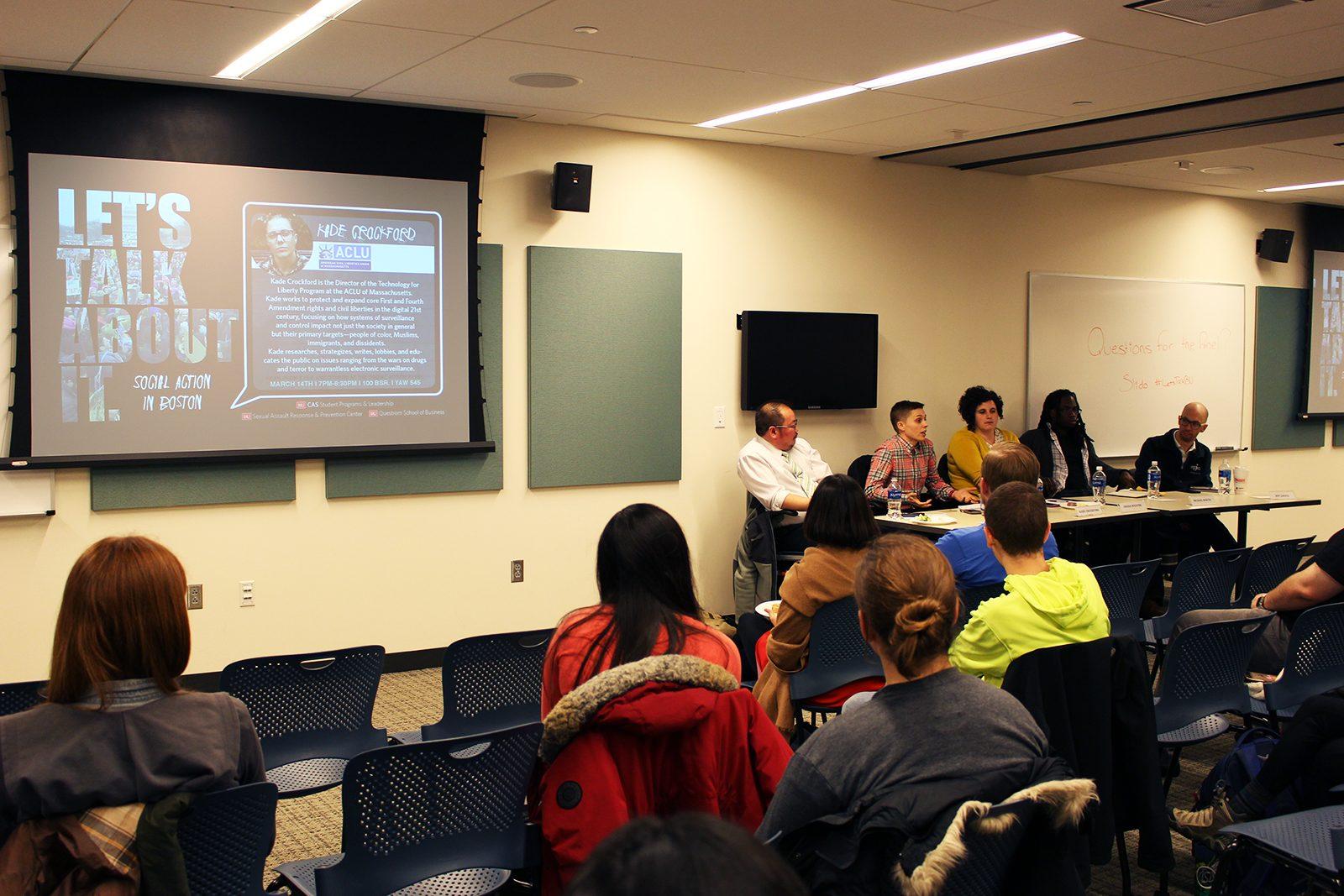 Boston University’s College of Arts and Sciences hosts "Let's Talk About It: Social Action in Boston" at the Yawkey Center for Student Services Tuesday evening, featuring a panel of professionals from different nonprofit organizations. PHOTO BY COLE SCHONEMAN/ DAILY FREE PRESS STAFF
