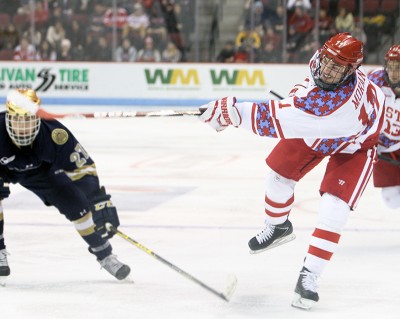Junior Mike Moran netted his third goal of the year in BU's 3-2 loss to Notre Dame.  PHOTO BY MAYA DEVEREAUX/DAILY FREE PRESS STAFF