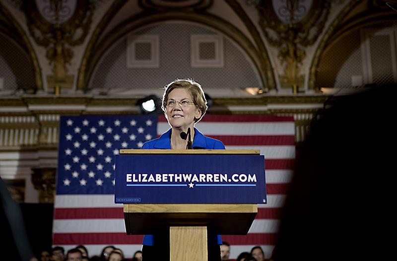 Massachusetts Senator Elizabeth Warren, shown speaking on the night of the 2018 Midterm Elections, currently leads the field of presidential candidates in Massachusetts. OLIVIA FALCIGNO/ DAILY FREE PRESS STAFF
