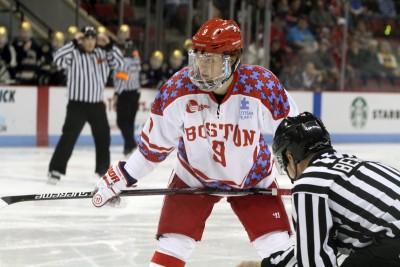 Jack Eichel awaits a faceoff in a game against Notre Dame on Feb. 21. PHOTO BY MAYA DEVEREAUX/DAILY FREE PRESS FILE PHOTO