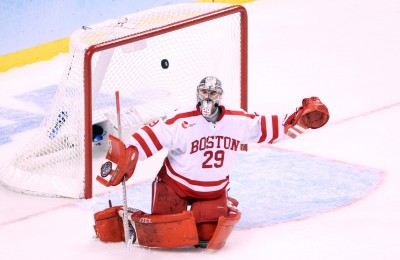 Matt O'Connor stops a puck during the national championship game on April 11. PHOTO BY MAYA DEVEREAUX/DAILY FREE PRESS FILE PHOTO