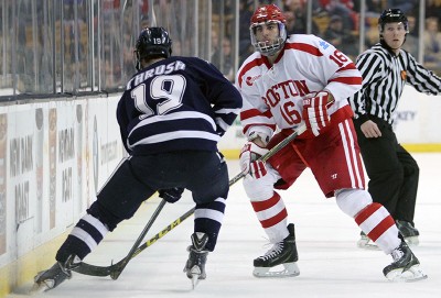 Freshman defenseman John MacLeod finished the Hockey East semifinal game with a plus-4 rating.  PHOTO BY MAYA DEVEREAUX/DAILY FREE PRESS STAFF