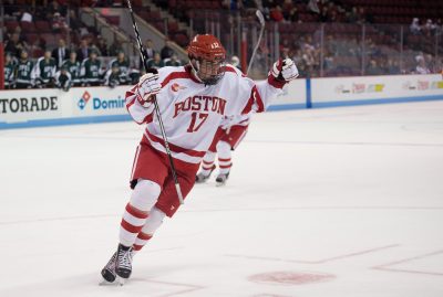 Freshman defenseman Dante Fabbro comes to BU after being drafted 17th overall in the 2016 NHL Draft. PHOTO BY MADDIE MALHOTRA/ DAILY FREE PRESS STAFF 
