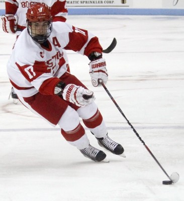 Senior assistant captain Evan Rodrigues notched his first career hat trick and 100th career point in BU's win over UMass Lowell. PHOTO BY MAYA DEVEREAUX/DAILY FREE PRESS STAFF