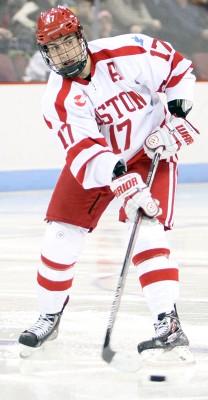 Senior assistant captain Evan Rodrigues notched his second hat trick of the season Friday against Northeastern. PHOTO BY MAYA DEVEREAUX/DAILY FREE PRESS STAFF