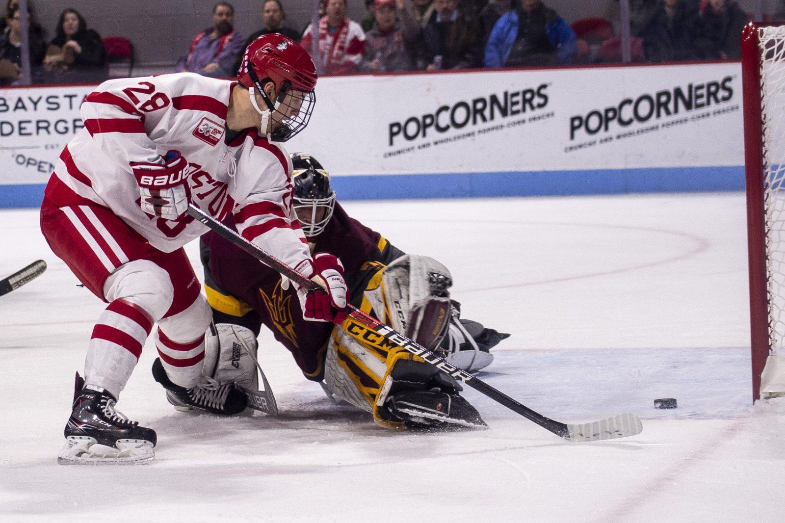 Freshman forward Joel Farabee nets his first goal of the night during the first period at Agganis Arena. PHOTO BY MADDIE MALHOTRA