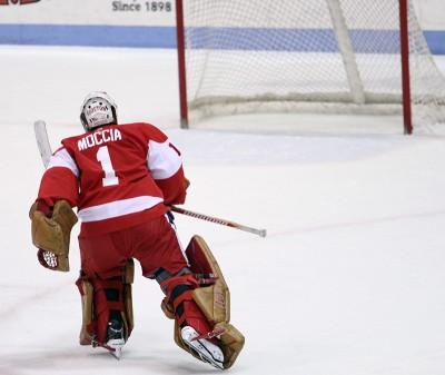 Graduate student goaltender Anthony Moccia skates out to the BU net Saturday night against Northeastern. PHOTO BY MAYA DEVEREAUX/DAILY FREE PRESS STAFF