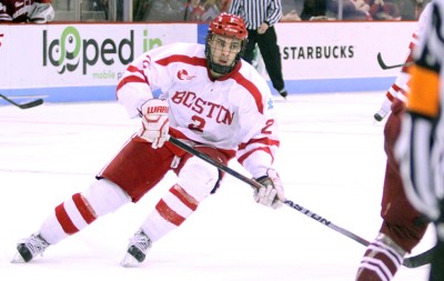 Junior winger Ahti Oksanen notched his first-career hat trick in BU's 9-5 win over UMass on Friday night.  PHOTO BY MAYA DEVEREAUX/DAILY FREE PRESS STAFF