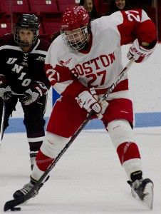 Terrier freshman forward Jordan Juron’s two power-play goals in a winning effort against the University of Vermont earned her Hockey East Rookie of the Week honors.  MICHELLE JAY/DAILY FREE PRESS STAFF