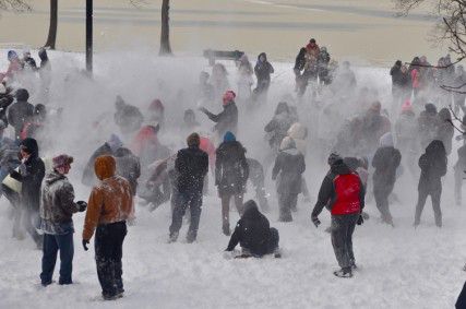 Students participate in the Esplanade ‘Snowbrawl Fight part two’ Saturday afternoon on the Esplanade after Winter Storm Nemo dumped two feet of snow Friday night. PHOTO BY TAYLOR HARTZ/DAILY FREE PRESS STAFF