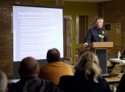 Brookline Police Department Chief Daniel O'Leary discusses recent robberies and assaults at a Brookline community meeting Monday night. PHOTO BY KENSHIN OKUBO/DAILY FREE PRESS STAFF