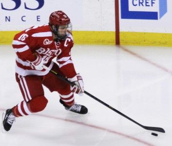Terrier senior captain Wade Megan scored a goal in BU’s matchup against Harvard University in the Beanpot consolation game Monday night at TD Garden. MICHELLE JAY/DAILY FREE PRESS 