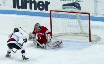 BU junior goaltender Kerrin Sperry made 16 saves in the first period alone against Harvard University in the Beanpot consolation contest. MICHELLE JAY/DAILY FREE PRESS STAFF