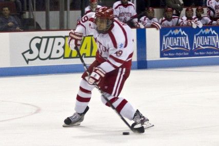 Junior forward Matt Nieto scored two goals and led BU’s offense to a crucial 5-2 victory against Merrimack College Tuesday night. MICHELLE JAY/DAILY FREE PRESS STAFF