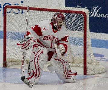 Terrier junior goaltender Kerrin Sperry won America East Defensive Player of the Week honors for her 23-save performance in a 4–2 victory against Northeastern University. MICHELLE JAY/DAILY FREE PRESS STAFF