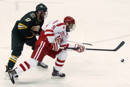MICHAEL CUMMO/DAILY FREE PRESS STAFF Senior forward Wade Megan played to a minus-3 rating in the Terriers’ 5-2 loss to the University of Vermont Catamounts at Agganis Arena Saturday night.