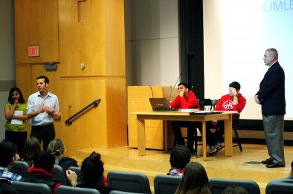 Chairwoman Anjali Taneja, a Sargent College of Health and Rehabilitation Sciences senior, College of Arts and Sciences senior Yuzhao Wu,  College of Engineering senior Jake Kallarackal, College of Arts and Sciences senior Jake Magid and Assistant Dean of Students John Battaglino lead the Allocations Board Town Hall Meeting on philanthropic events Tuesday night. PHOTO BY CHRISTIANA MECCA/DAILY FREE PRESS STAFF