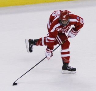 MICHELLE JAY/DAILY FREE PRESS STAFF Freshman forward Sam Kurker only has two goals and two assists in his first season with the Terriers, but he has the potential to be a standout physical presence in the seasons to come.