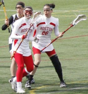 SARAH FISHER/DAILY FREE PRESS STAFF Senior midfielder Kristen Mogavero scored 4 goals to lead the Terriers’ offense in its comeback attempt vs. the WIldcats, but BU fell short 13-12. 