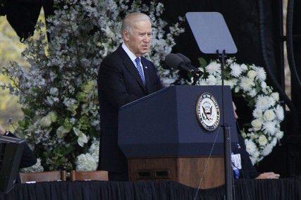 U.S. Vice President Joseph Biden spoke at the memorial service honoring Massachusetts Institute of Technology Police Officer Sean Collier Wednesday afternoon at Briggs Fields in Cambridge. PHOTO BY SARAH FISHER/DAILY FREE PRESS STAFF