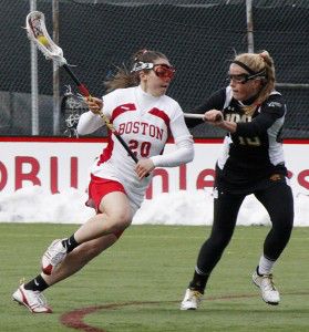SARAH FISHER/DAILY FREE PRESS STAFF Terrier junior midfielder Sydney Godett scored the game-winning goal for BU off a free-position shot with 11 seconds remaining in a game against Harvard. 