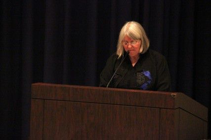 Poet Valerie Lawson reads one of her original poems at Boston National Poetry Month at Boston Public Library Saturday afternoon. PHOTO BY SARAH SIEGEL/DAILY FREE PRESS STAFF