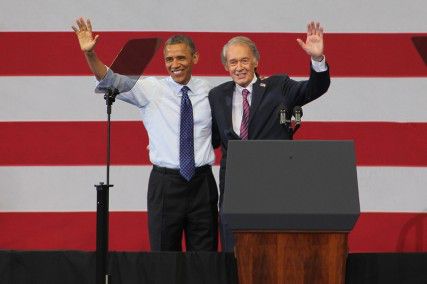 U.S. President Barack Obama and Democratic Senate candidate Ed Markey wave to the crowd at Markey's rally Wednesday afternoon. PHOTO BY SARAH SIEGEL/DAILY FREE PRESS STAFF