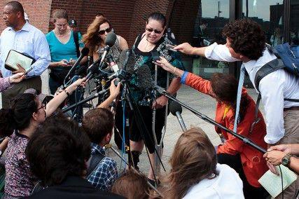 Mildred Valverde, who was wounded in the Boston Marathon bombings, speaks outside the John Joseph Moakley Courthouse in South Boston after Dzhokhar Tsarnaev pleaded not guilty on Wednesday afternoon. PHOTO BY KENSHIN OKUBO/DAILY FREE PRESS STAFF