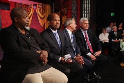 From left to right: Mayoral candidates David James Wyatt, Charles Yancey, Bill Walczak and Daniel Conley waiting to begin the NECN Mayoral Forum Monday night at Suffolk Modern Theater. PHOTO BY KIERA BLESSING/DAILY FREE PRESS STAFF