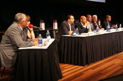 From left: Mayoral candidates Felix Arroyos, John Barros, Charles Clemons, Daniel F. Conley and Charles Yancey debated issues related to Boston Public Schools during the School of Education's Boston Mayoral Debate on Thursday night at the Tsai Performance Center. PHOTO BY KIERA BLESSING/DAILY FREE PRESS STAFF