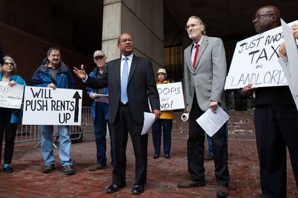 City Councilor Charles Yancey spoke to landlords and members of the Small Property Owners Association in a rally Monday morning outside Boston City Hall. The rally was a call to repeal the new rental registration and inspection program. PHOTO BY KENSHIN OBUKO/DAILY FREE PRESS STAFF