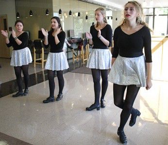 Irish step dancers put on a performance for students and faculty Friday afternoon in the College of General Studies as part of the BU’s first annual Art Crawl. PHOTO BY MAYA DEVEREAUX/DAILY FREE PRESS STAFF