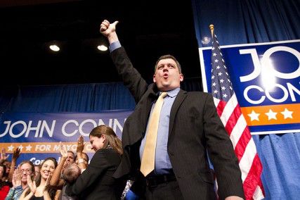 John Connolly cheers at his election night party at Hilbernian Hall Tuesday night after he advanced to the general election in November for mayor of Boston. PHOTO BY MICHELLE JAY/DAILY FREE PRESS STAFF