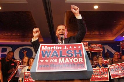 Martin Walsh cheers during his speech Tuesday night at Venezia Waterfront Restaurant in Dorchester after he advanced to the general election in November for mayor of Boston. PHOTO BY KIERA BLESSING/DAILY FREE PRESS STAFF
