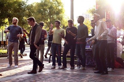 "The Dear Abbeys," one of BU's a cappella groups, sing by the purple and black painted piano Tuesday afternoon in the George Sherman Union courtyard. The piano is a part of the "Play Me, I’m Yours" street piano initiative. PHOTO BY ALEX HENSEL/DAILY FREE PRESS STAFF