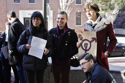 Students advocate for gender equality during protests for gender-neutral housing last December. Students activism sparked consideration, and in August, BU officials announced gender-neutral housing is available beginning in the fall 2013 semester.  PHOTO BY SARAH FISHER/DAILY FREE PRESS STAFF