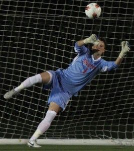 Goalkeeper Nick Thomson made three late saves in 26 minutes of play. (Michael Cummo/DAILY FREE PRESS STAFF)