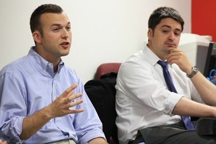 Michael Nichols (left) and Josh Zakim (right) speak to Boston University students Tuesday night at the BU Student Government office in the GSU basement. PHOTO BY JUSTIN HAWK/DAILY FREE PRESS CONTRIBUTOR
