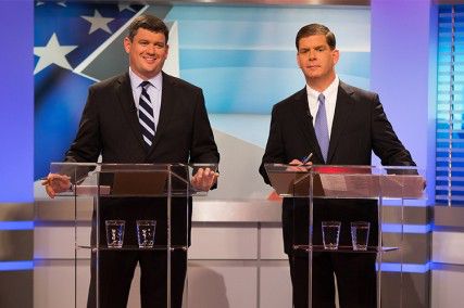 Boston mayoral candidates City Councilor John Connolly and State Representative Marty Walsh speak in their first televised debate Tuesday night at the the WBZ Studio. PHOTO BY KENSHIN OKUBO/DAILY FREE PRESS STAFF