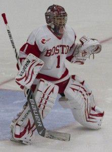 MICHELLE JAY/DAILY FREE PRESS STAFF Senior goaltender Kerrin Sperry recorded a shutout when BU last faced Robert Morris in 2012. 